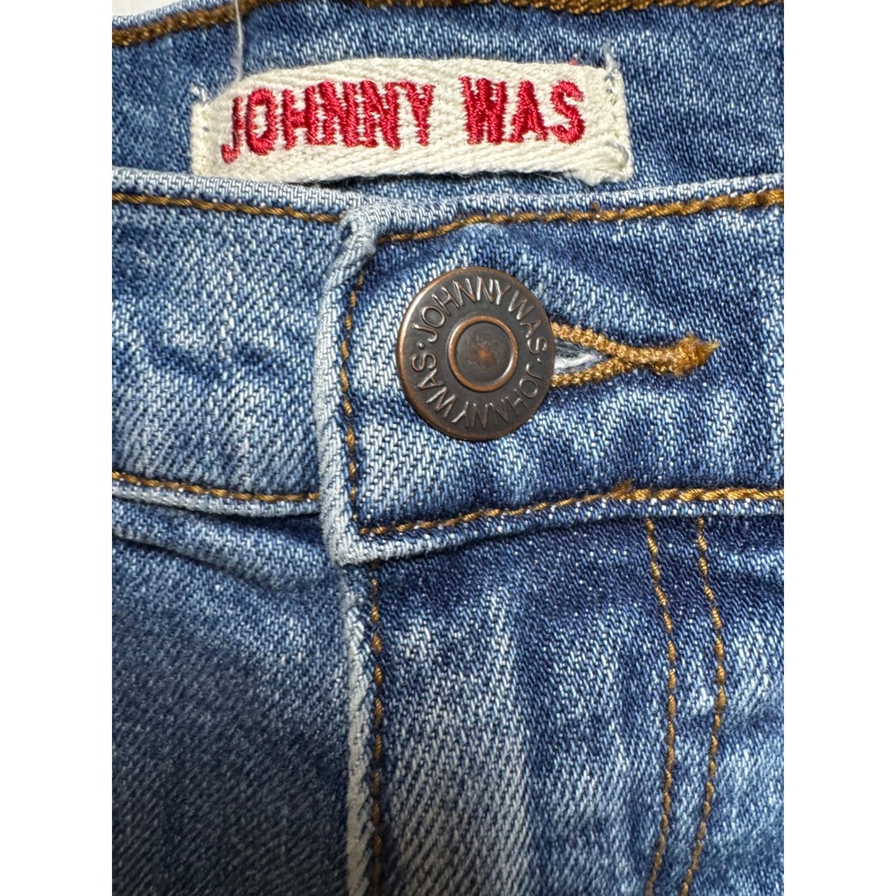 ‼️SALE‼️Johnny Was Jeanette Embroidered Bermuda Shorts High Rise Frayed Hem Blue - Picture 5 of 9